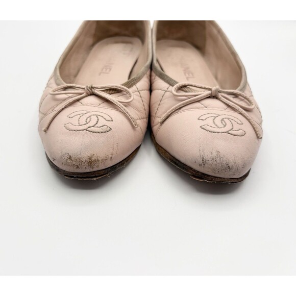 Chanel Ballet Flats Pink Quilted Leather w/ CC Logo Toe & Ribbon Sz EU 35.5 5.5 - Picture 5 of 15